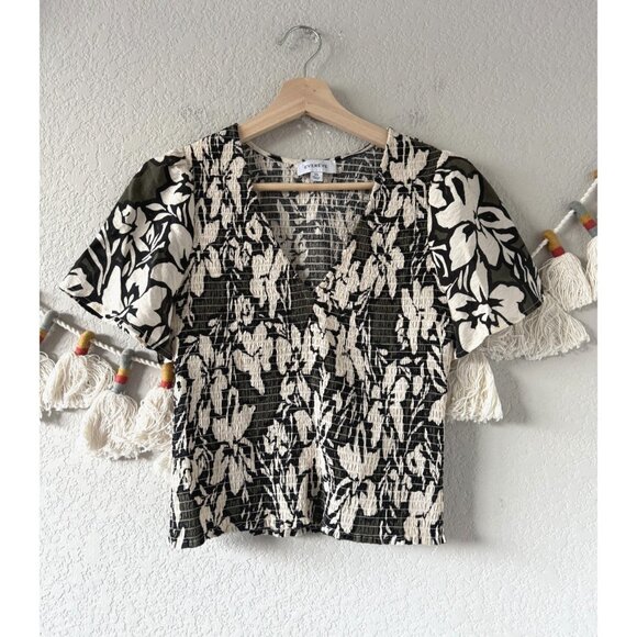 Evereve Carson Floral Olive Black Smocked Baby Top Coquette Cottage Boho XS - Picture 1 of 10